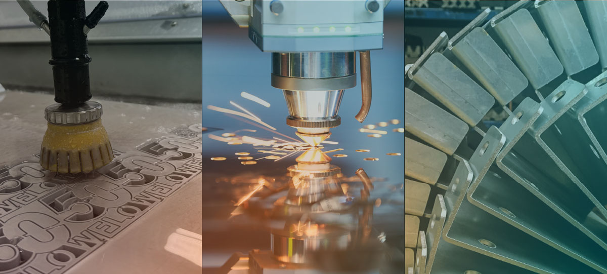 collage of three images left to right: waterjet cutting an aluminum part celebrating Flow's 50th anniversary, a fiber laser cutting metal, and some finished parts bent on a press brake