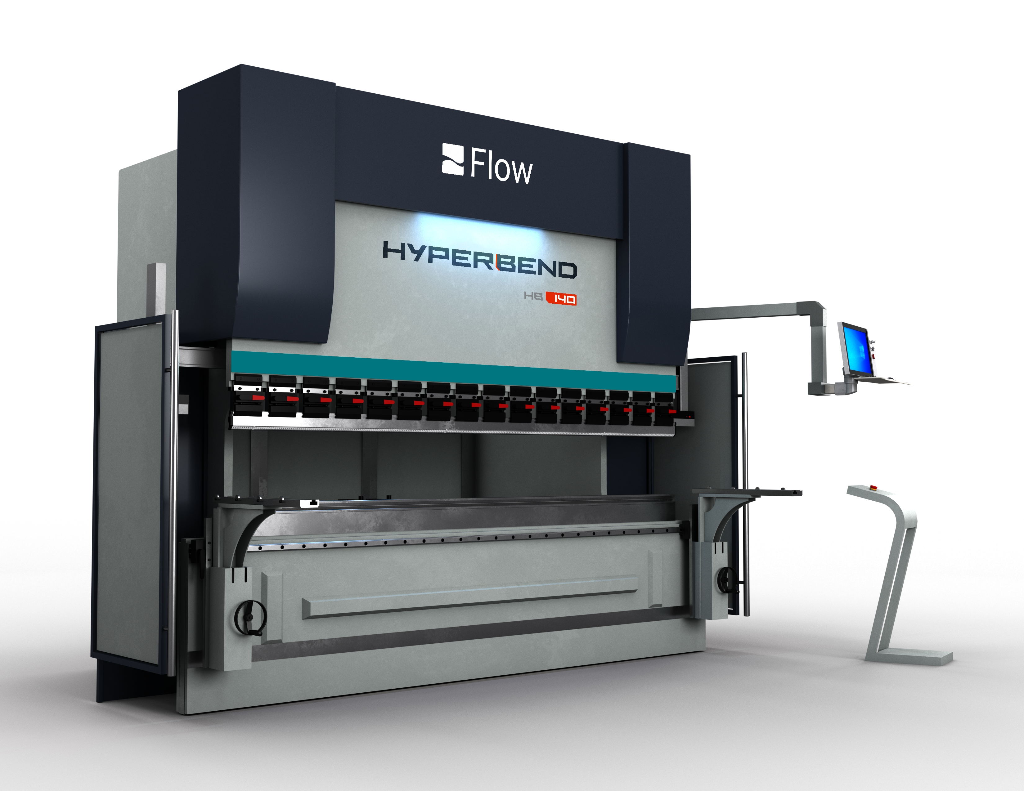 Rendering of the HyperBend press brake 140 from a front side angle
