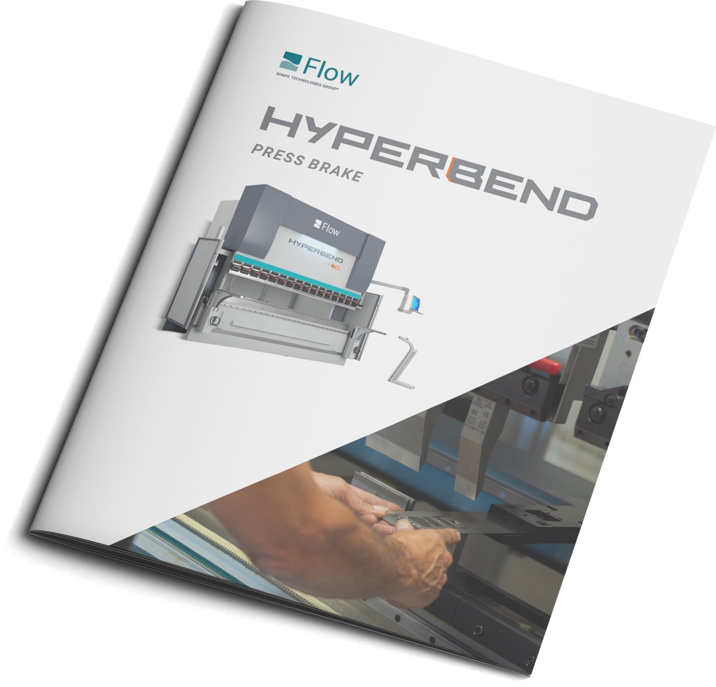 rendering of the cover of the HyperBend brochure. the bottom right has a triangle shaped accent image of the press brake in use while the rest of the page is white with the HyperBend logo, tagline, and rendering of the system